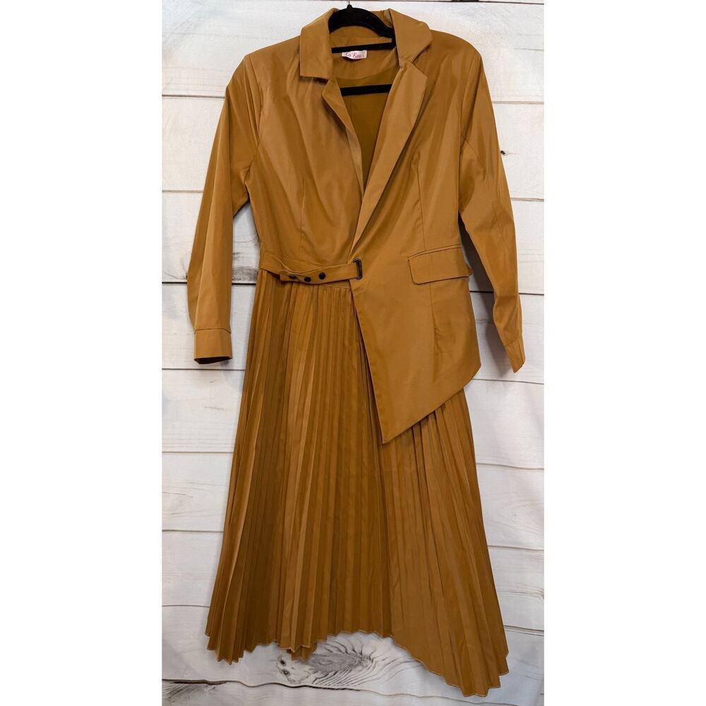 La' Ros Brown Sm Dress Pleated Long Sleeves Collared Office to‎ Night Out